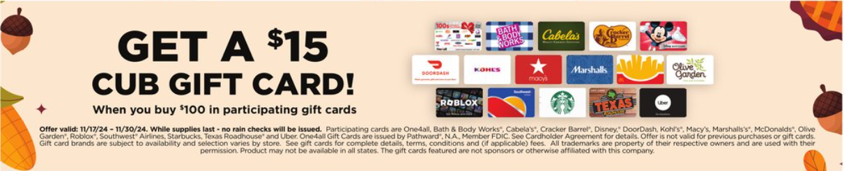 [EXPIRED] Cub: Buy $100 in Participating Gift Cards and Get $15 Cub ...