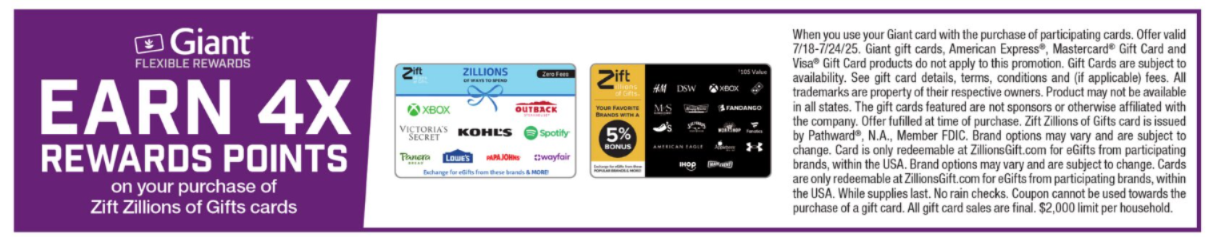 [EXPIRED] Giant Food: 4X Flexible Rewards Points on Zift Zillions of ...
