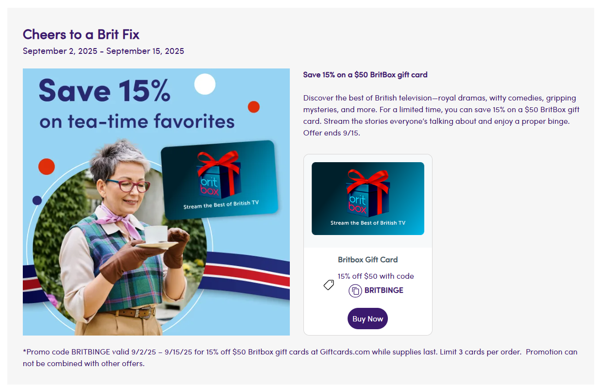 [EXPIRED] Giftcards.com: 15% Off $50 BritBox Gift Card – GCanywhere