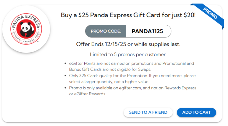 [EXPIRED] eGifter.com: 20% Off $25 Panda Express Gift Cards – GCanywhere